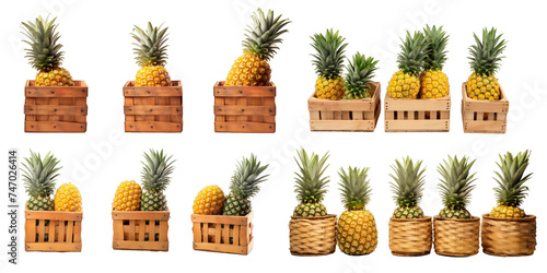 Collection of pineapple in wooden basket isolated on a white background as transparent PNG