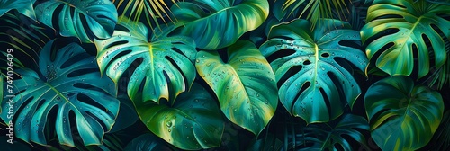 Vibrant Tropical green Leaves Backdrop. Monstera, palm leaves on black background.