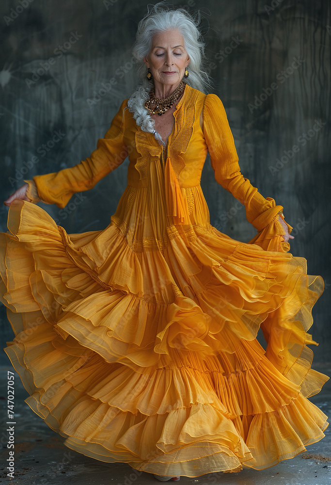 Elegant senior woman in a flowing yellow dress dancing, expressing joy and vitality.