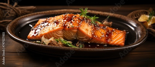 A plate of grilled salmon topped with sesame seeds and glazed with teriyaki sauce is placed on an earthenware plate on a wooden table.