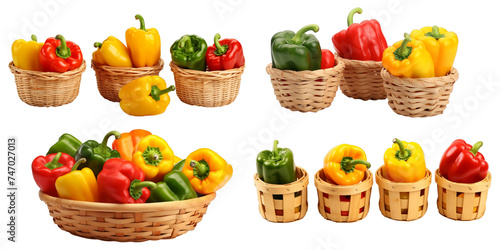 Collection of bell pepper in wooden basket isolated on a white background as transparent PNG