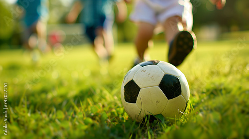 Close-up of kids' soccer game, Focus on the ball and feet, Dynamic movement, Soft natural light