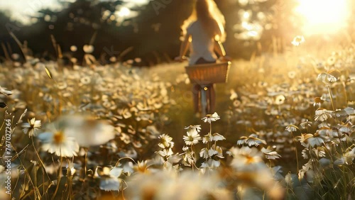 Young girl riding a bike in a flower field at sunset photo