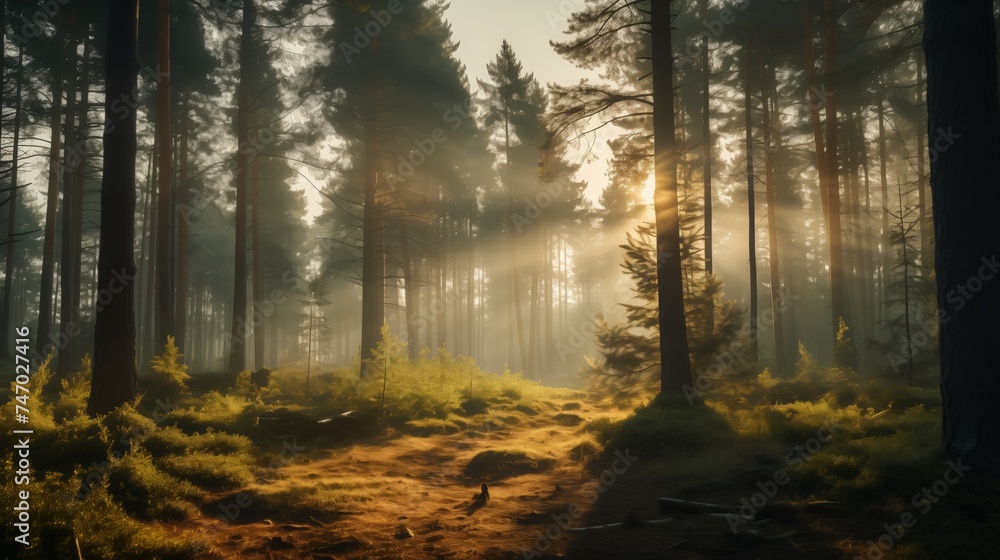 Fototapeta premium Enchanted Forest Path at Sunrise Sunbeams Dancing Through Mist Background