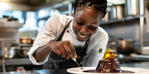 Professional female chef decorating a chocolate dessert in a modern kitchen. focus on culinary skills and gourmet cuisine. chef at work in a restaurant. AI
