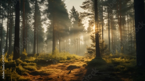 Enchanted Forest Path at Sunrise Sunbeams Dancing Through Mist Background