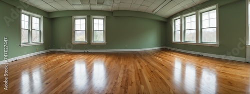 Wide angle panoramic view of green walls on large empty room from Generative AI