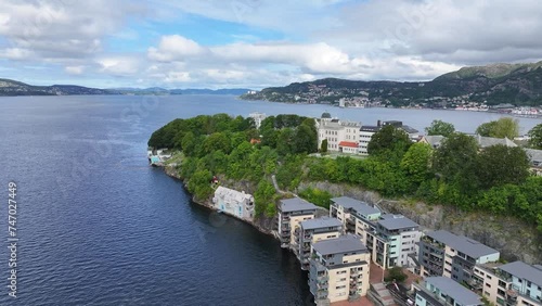 Bergen, Norway. Aerial View of Nordnes Peninsula, Apartment Buildings, Landscape and Fjord, Drone Shot photo