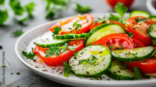 Cucumber and tomato salad garnished with fresh herbs on a white plate, Soft background, Healthy eating concept