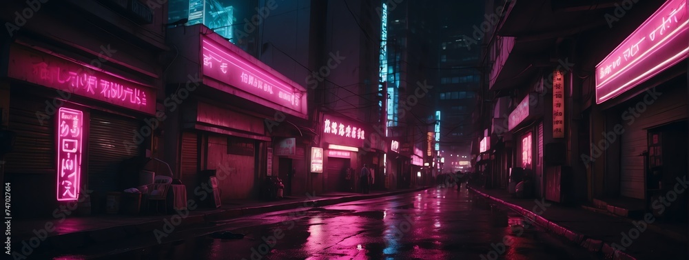 Wide angle panoramic view of pink neon lights theme dark futuristic cyberpunk city street from Generative AI