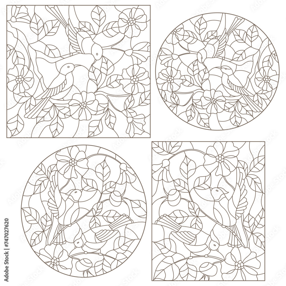 Set contour illustrations of stained glass with birds, dark outlines on a white background Set contour illustrations of stained glass with birds, dark outlines on a white background