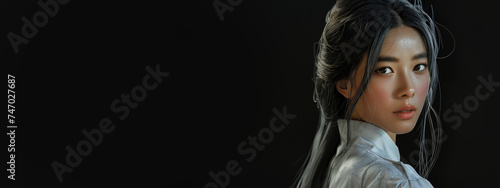 Beautiful woman portrait clooking ahead, background black, woman in white, ashy hair long a woman dressed in white is looking at someone, in the style of darktable processing
 photo