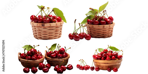 Collection of cherry in wooden basket isolated on a white background as transparent PNG