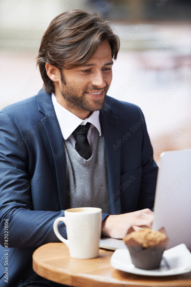 Businessman, laptop and smile with cafe, entrepreneur and coffee shop with suit and table. Man, broker and news with reading, break and corporate job with mug and restaurant for rest and remote work Businessman, laptop and smile with cafe, entrepreneur and coffee shop with suit and table. Man, broker and news with reading, break and corporate job with mug and restaurant for rest and remote work