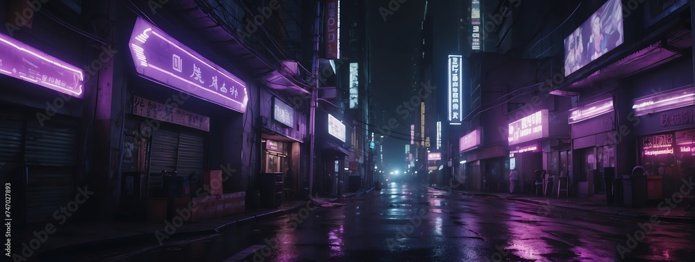 Wide angle panoramic view of purple neon lights theme dark futuristic cyberpunk city street from Generative AI