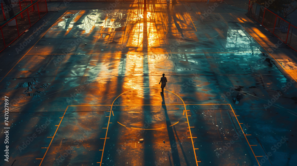 Afternoon Scene with Someone Standing in the Center of a Basketball Court.