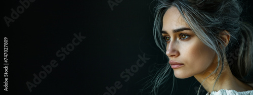 Beautiful woman portrait clooking ahead, background black, woman in white, ashy hair long a woman dressed in white is looking at someone, in the style of darktable processing 