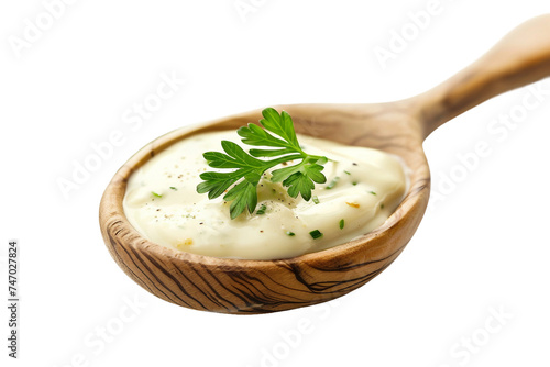 Savory Ranch Sauce in Wooden Spoon on Transparent Background.