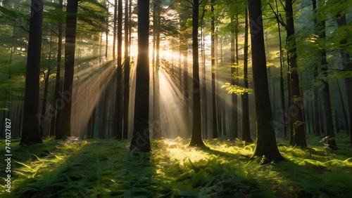A serene forest with sunlight filtering through the trees. 