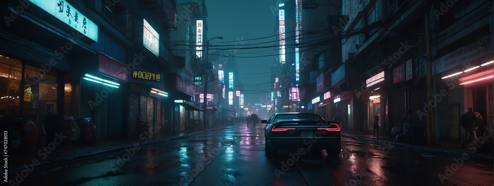 Wide angle panoramic view of teal neon lights theme dark futuristic cyberpunk city street from Generative AI