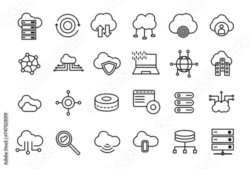 Set of line icons related to server and cloud computing, cyber security, digital transformation. Thin line web icon set.