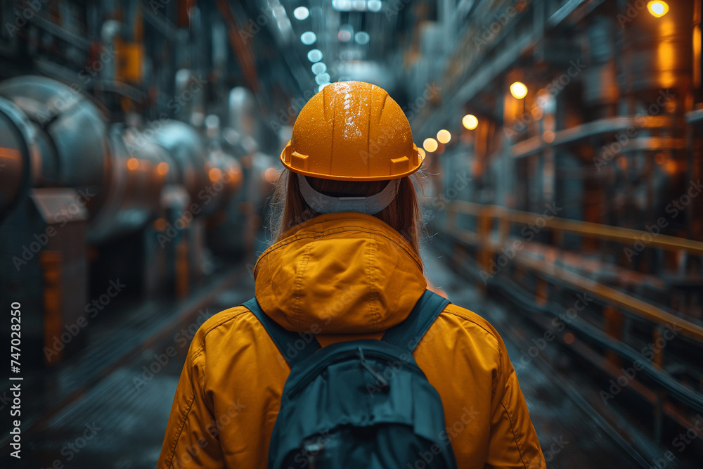 Worker in Orange Hard Hat Observing Machinery in Factory Worker in Orange Hard Hat Observing Machinery in Factory