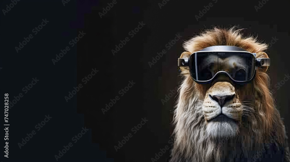 a lion with vision virtual reality sunglass solid background