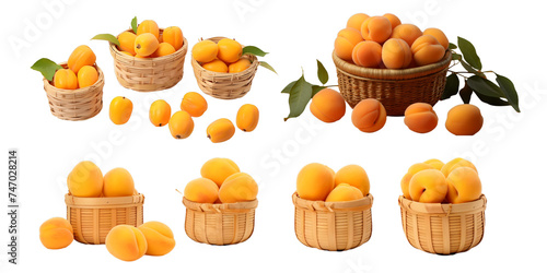Collection of apricot in wooden basket isolated on a white background as transparent PNG