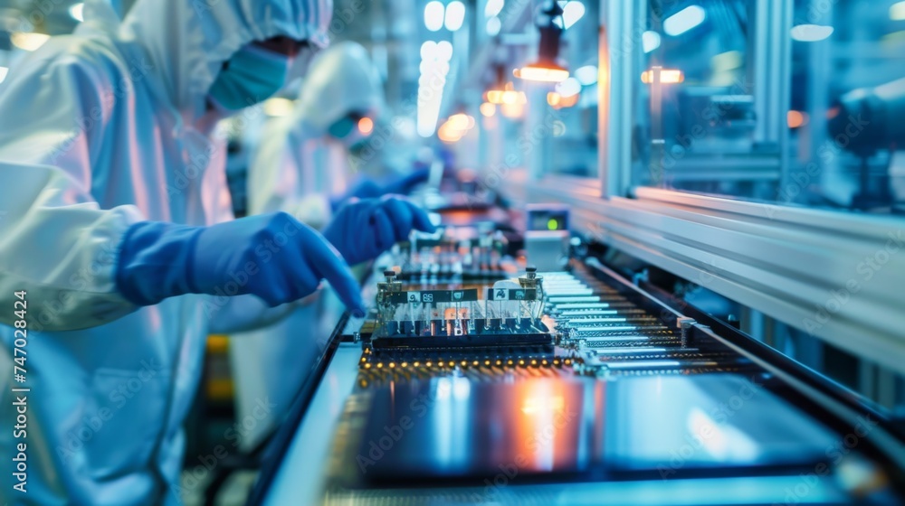 Technicians with masks and cleanroom suits assembling circuit boards on a modern manufacturing production line. Technicians with masks and cleanroom suits assembling circuit boards on a modern manufacturing production line.