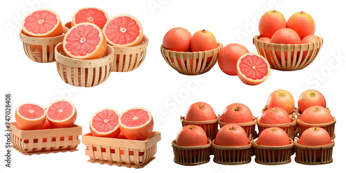 Collection of grapefruit in wooden basket isolated on a white background as transparent PNG