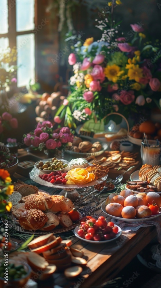Rich, high-quality image showcasing a variety of fresh and baked goods artistically arranged on a rustic wooden table