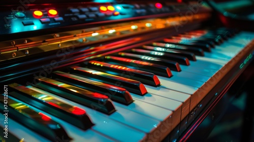 Vivid close-up shot of electronic keyboard keys with colorful stage lighting reflecting on the surface.