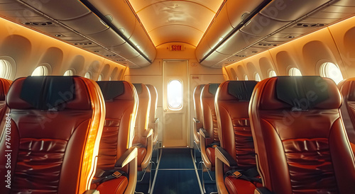 Empty airplane interior with rows of red seats and warm sunlight streaming through the cabin windows. photo