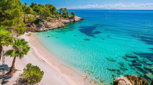 Summer seascape with crystal clear blue water beach from aerial view