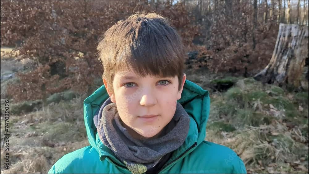 Boy Standing in Clearing in the Woods Looking at Camera, Portrait of Boy