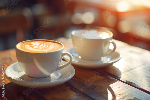 Two cups of coffee with latte art close up with warm blurry background