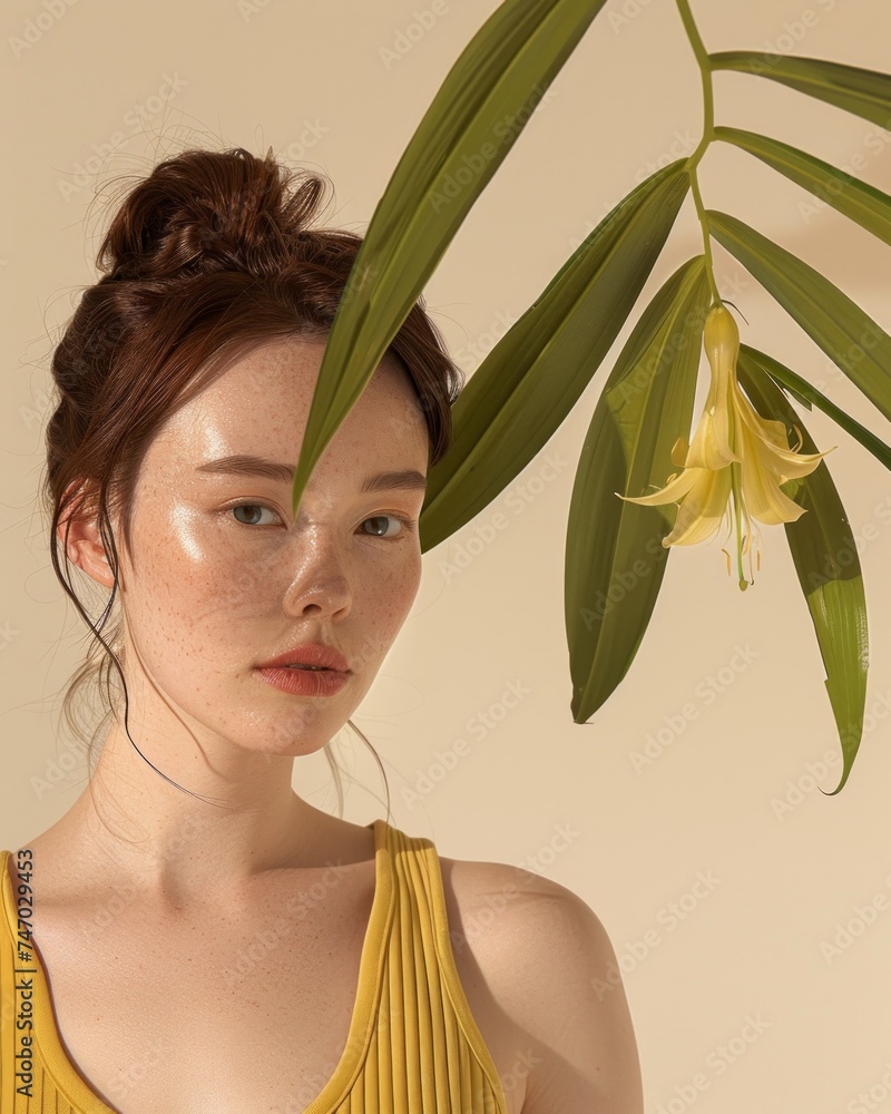 A young woman with freckles is behind a large tropical leaf against a beige background, emphasizing natural beauty A young woman with freckles is behind a large tropical leaf against a beige background, emphasizing natural beauty