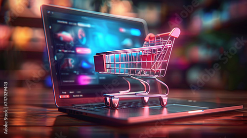 Miniature shopping cart on a laptop keyboard, symbolizing online shopping and e-commerce with colorful bokeh background.