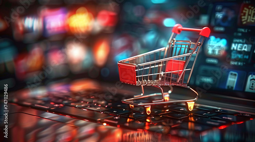 Miniature shopping cart on a laptop keyboard, symbolizing online shopping and e-commerce with colorful bokeh background.
