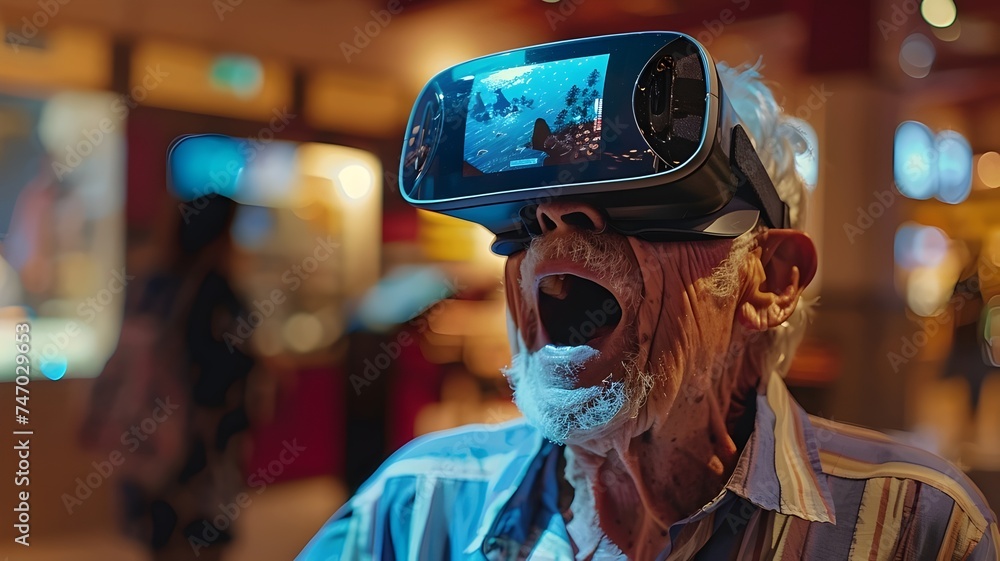 old man wearing a VR headset looks amazed and excited, illustration, Generative, AI old man wearing a VR headset looks amazed and excited, illustration, Generative, AI