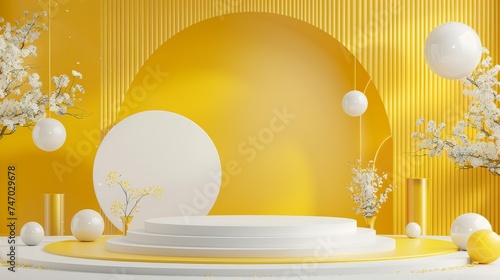 3D realistic yellow and white cylinder pedestal podium background with geometric backdrop. Minimal wall scene mockup products stage for showcase