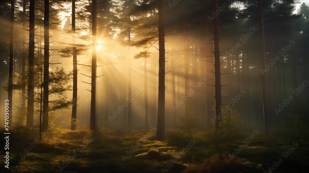 Enchanted Forest Sunrise Sun Rays Piercing Through Morning Mist Background Enchanted Forest Sunrise Sun Rays Piercing Through Morning Mist Background