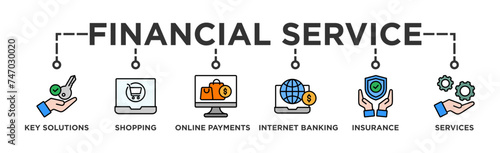 Financial service banner web icon illustration concept with icon of key solutions, shopping, online payments, internet banking, insurance and services