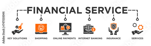 Financial service banner web icon illustration concept with icon of key solutions, shopping, online payments, internet banking, insurance and services