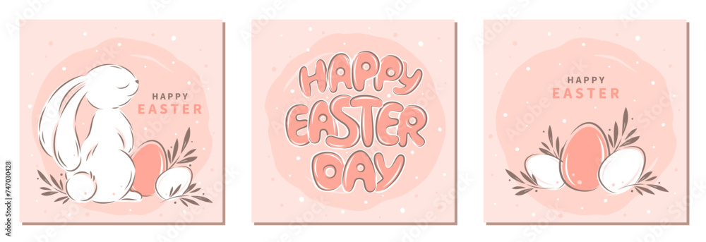 Happy Easter. Set of cute greeting cards, posters with Easter rabbit, egg and spring plants in pastel colors. Vector illustration Happy Easter. Set of cute greeting cards, posters with Easter rabbit, egg and spring plants in pastel colors. Vector illustration