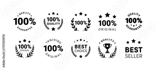 Premium quality product labels set. Round quality product guarantee logo collection. Black circle badge icon with 100 percent symbol, stars. Vector illustration for sticker, logo, certificate, ad. photo