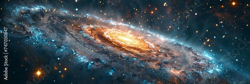 A view from space to a spiral galaxy and stars. Universe filled with stars, nebula and galaxy. Colorful space background with stars. Beauty of deep space.