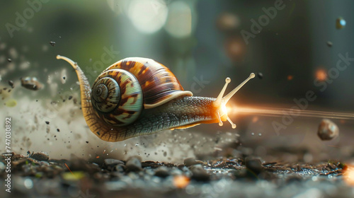 Snail turbo flames speed on a mission speeding through a snail. Snail captured in a dynamic, sunlit scene, embodying movement and the beauty of nature.