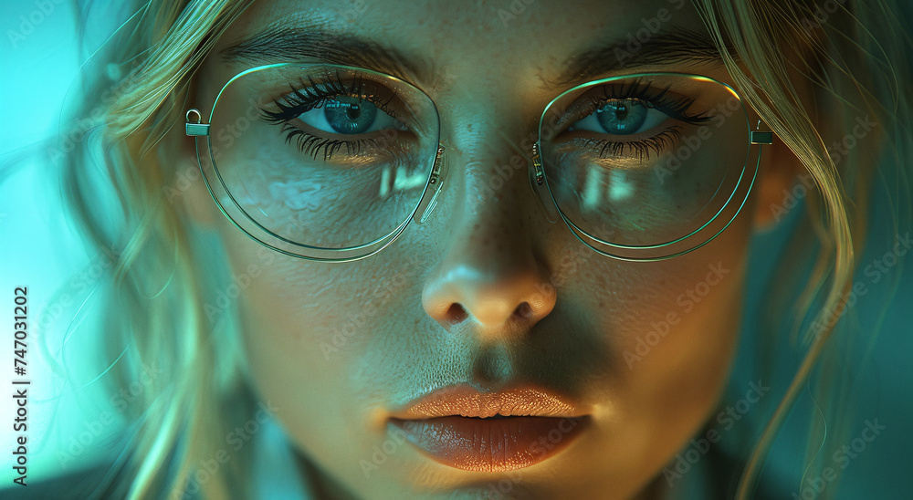 Close-up of a young woman with glasses in moody blue lighting, highlighting her eyes and serious expression.