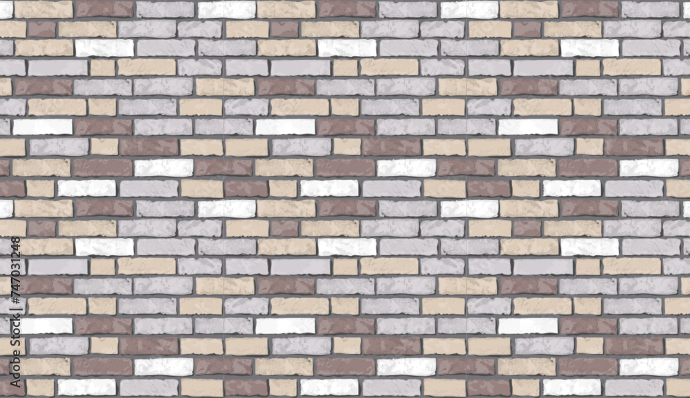 Realistic vector grey beige brick wall pattern horizontal background. Flat old brown wall texture. Colorful textured brickwork for print, paper, design, decor, photo background, wallpaper Realistic vector grey beige brick wall pattern horizontal background. Flat old brown wall texture. Colorful textured brickwork for print, paper, design, decor, photo background, wallpaper